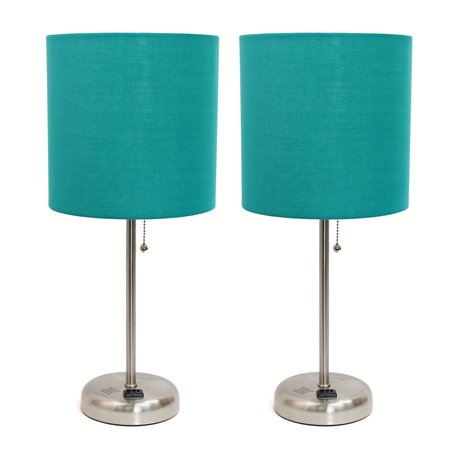 LIMELIGHTS Brushed Steel Stick Lamp with Charging Outlet Set, Teal, PK 2 LC2001-TEL-2PK